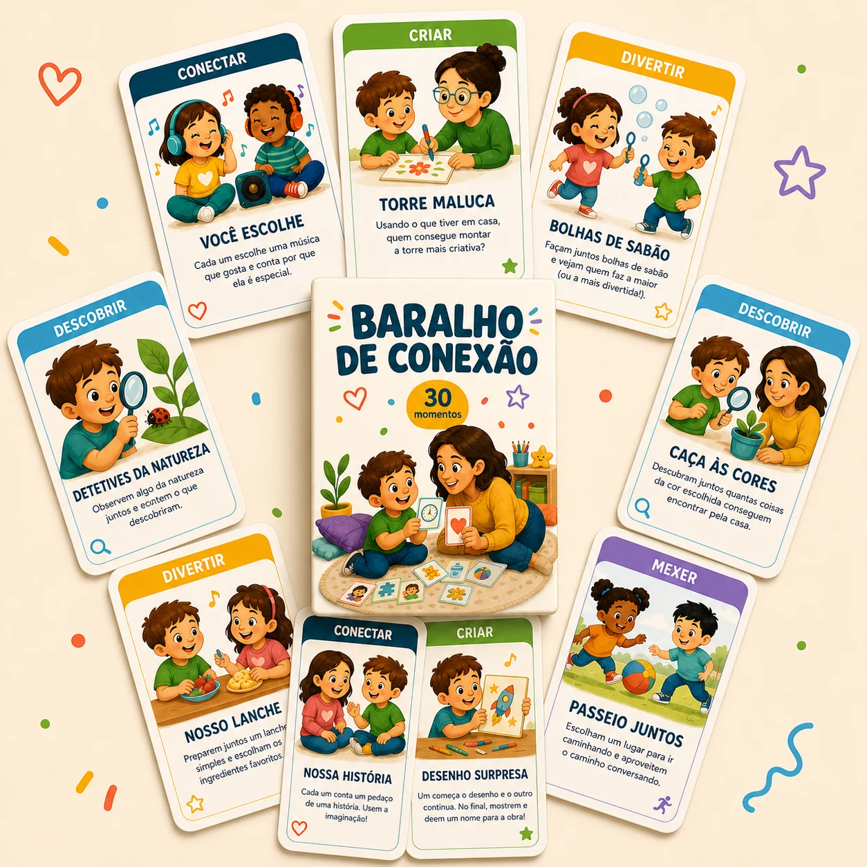 Capa do Baralho de Conexão com propostas de momentos para viver juntos.